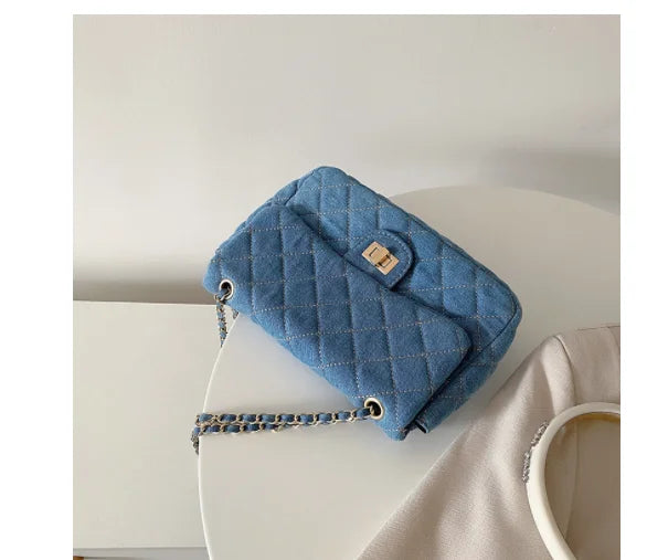 French Ribbed Denim Canvas Chain Shoulder Bag