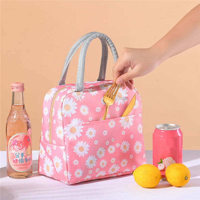 Daisy Pattern Lunch Box Bag Portable Zipper Waterproof Insulated Cooler Bag