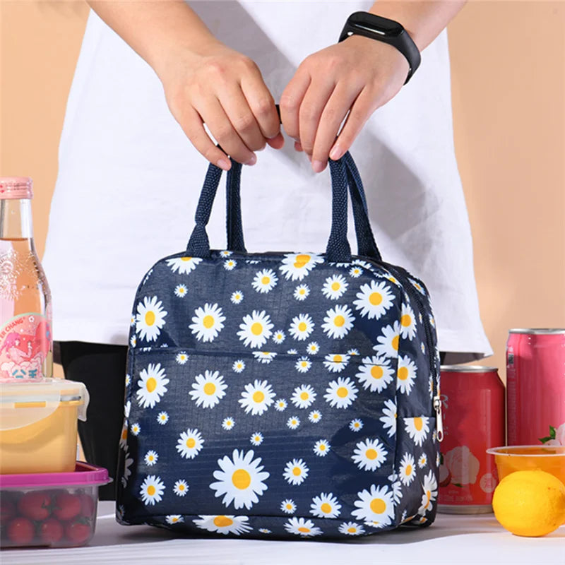 Daisy Pattern Lunch Box Bag Portable Zipper Waterproof Insulated Cooler Bag
