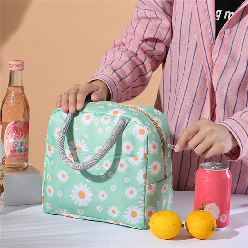 Daisy Pattern Lunch Box Bag Portable Zipper Waterproof Insulated Cooler Bag