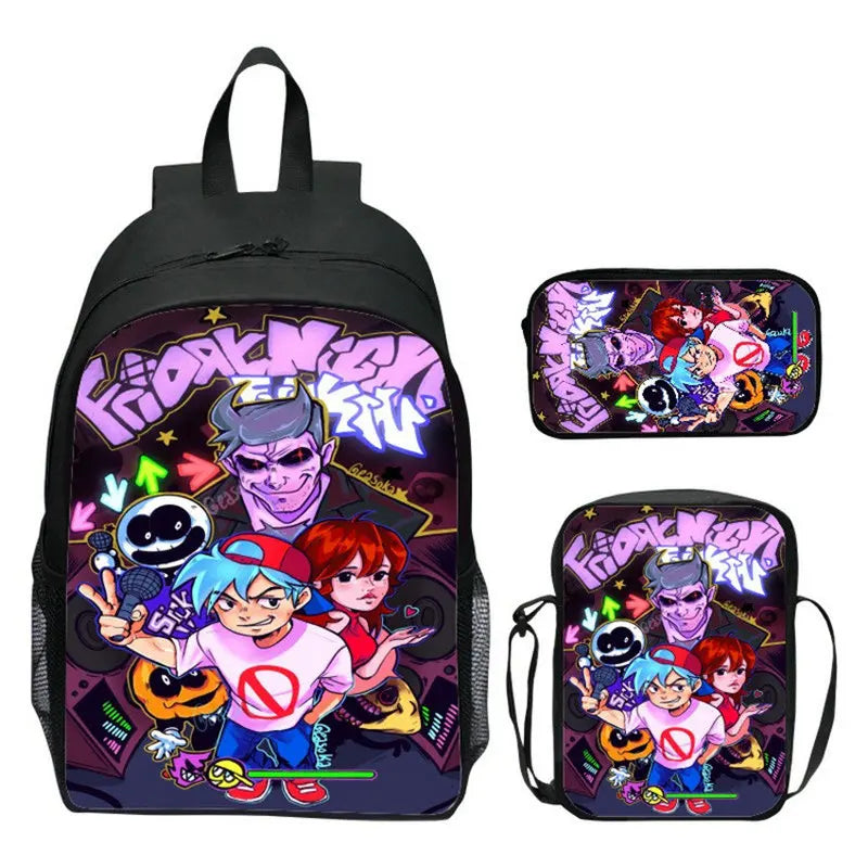 FNF Backpack 3 Pcs Set with Pencil Case Crossbody Bags Kids Cartoon School Bags