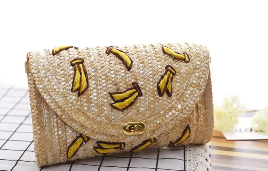 Cherry Banana Straw Beach Bag Embroidery Messenger Chain Shoulder Bag