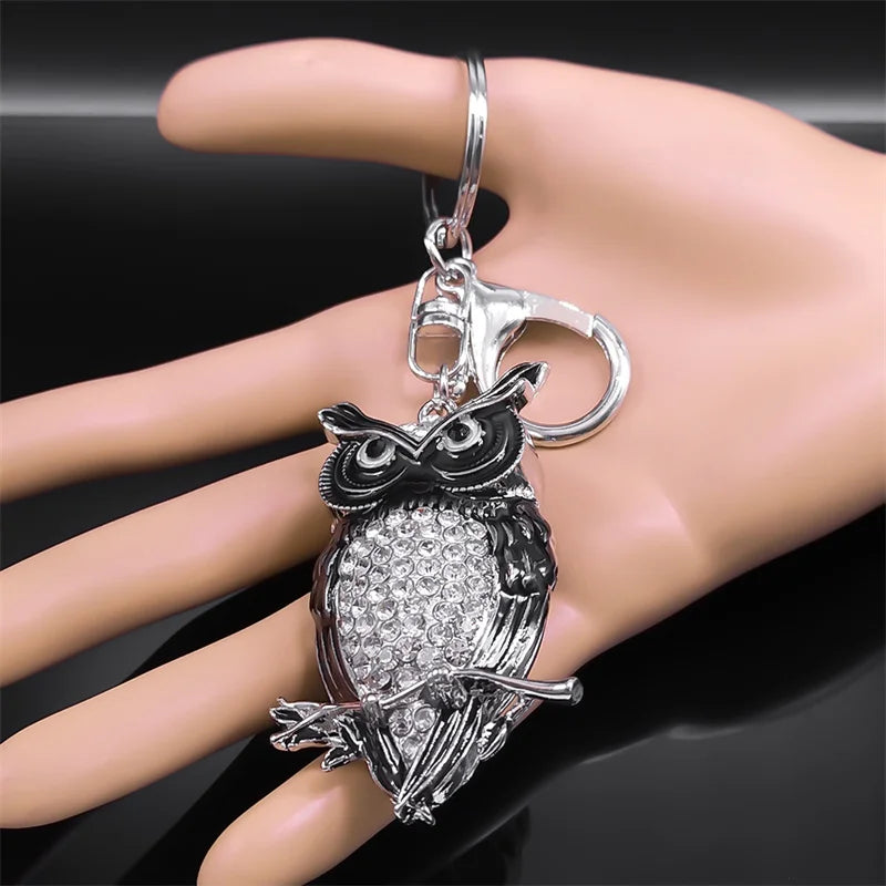 Rhinestone Owl Keychain Silver Animal Key Ring Jewelry Gift