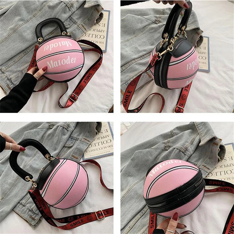 Basketball Shape Female Tote Bag Handbag Round PU Shoulder Messenger Bag