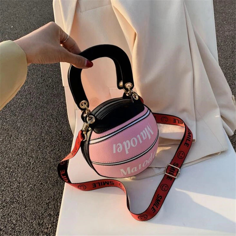 Basketball Shape Female Tote Bag Handbag Round PU Shoulder Messenger Bag