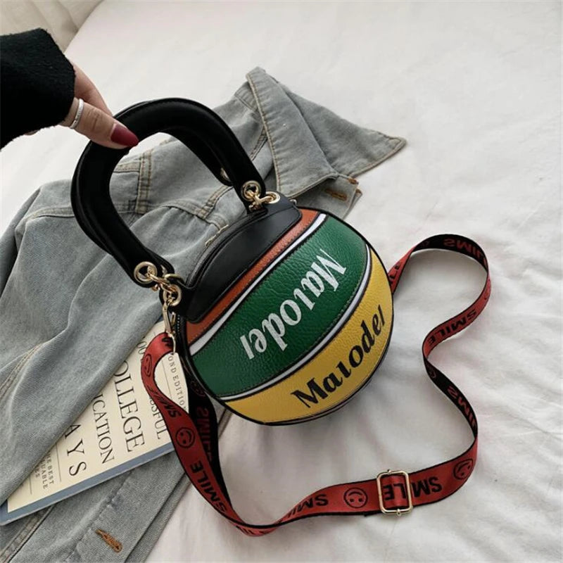 Basketball Shape Female Tote Bag Handbag Round PU Shoulder Messenger Bag