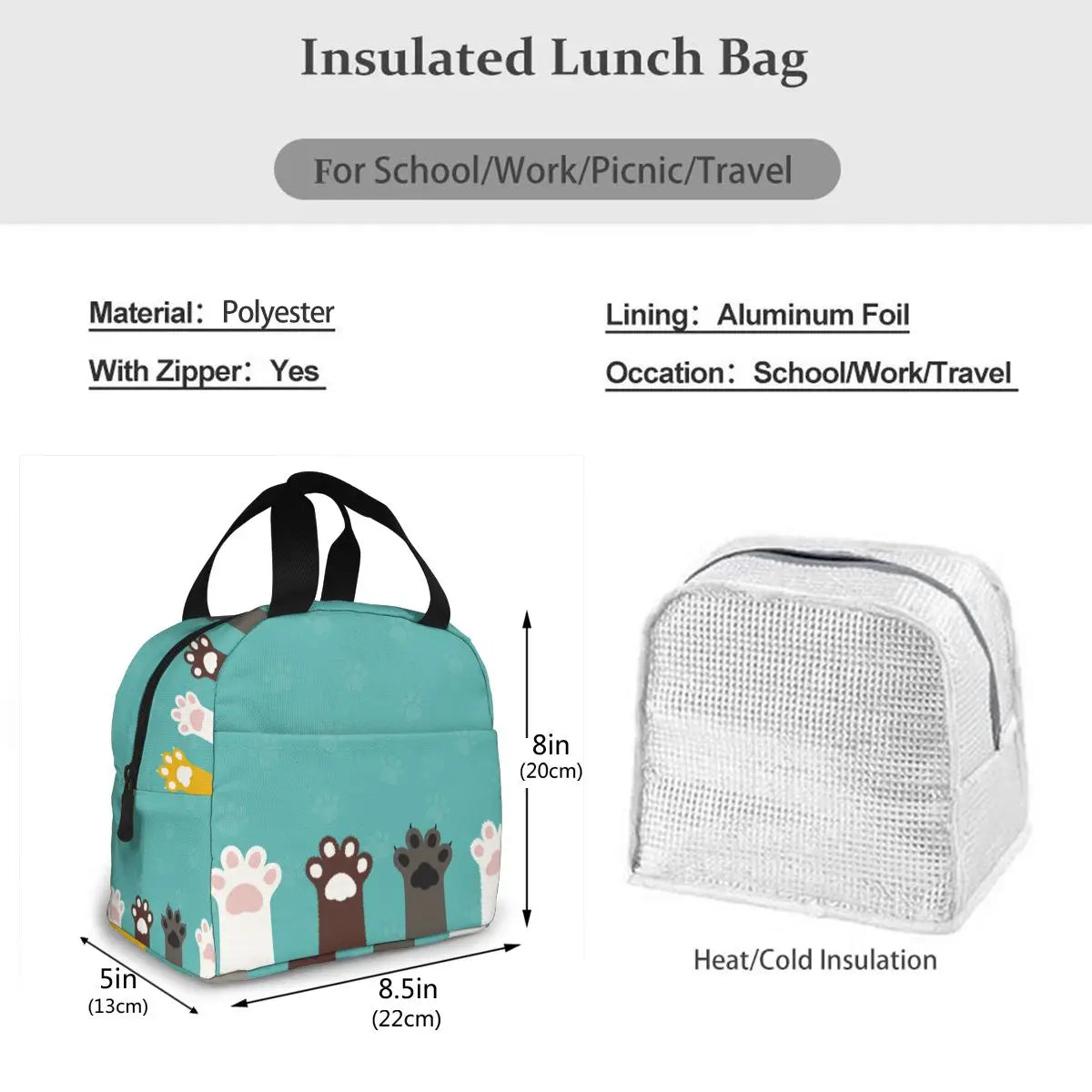 Funny Cats Foots Cooler Bag Portable Zipper Thermal Lunch Box Tote Food Bag