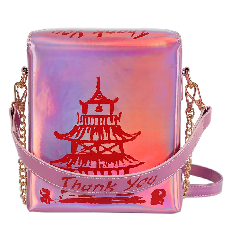 Chinese Tower Print Women Shoulder Bag Laser Small Purse Chain Crossbody Messeng