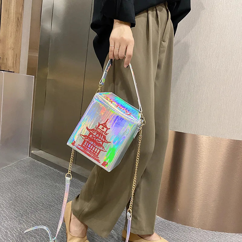 Chinese Tower Print Women Shoulder Bag Laser Small Purse Chain Crossbody Messeng