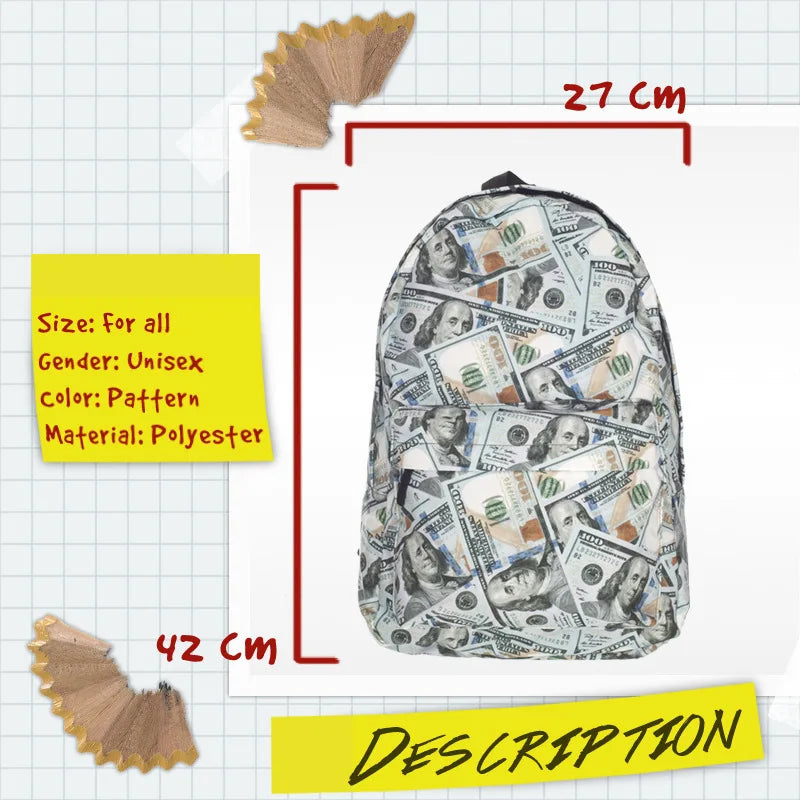 Funny Dollar Printing College Backpacks Laptop Computer Backpack For Teenager