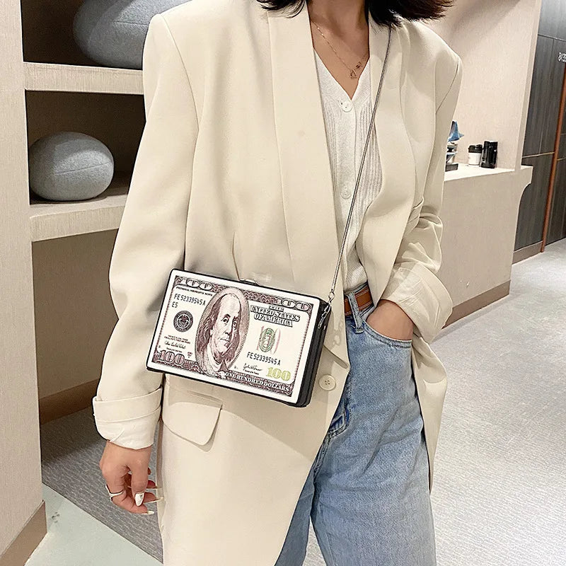 Funny Dollor Box Shoulder Bag Chains Pu Leather Crossbody Lady Purse