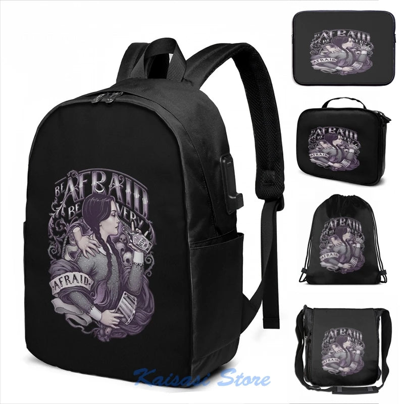 Addams Family USB Charge Backpack, Funny Graphic Print, School Travel Bag