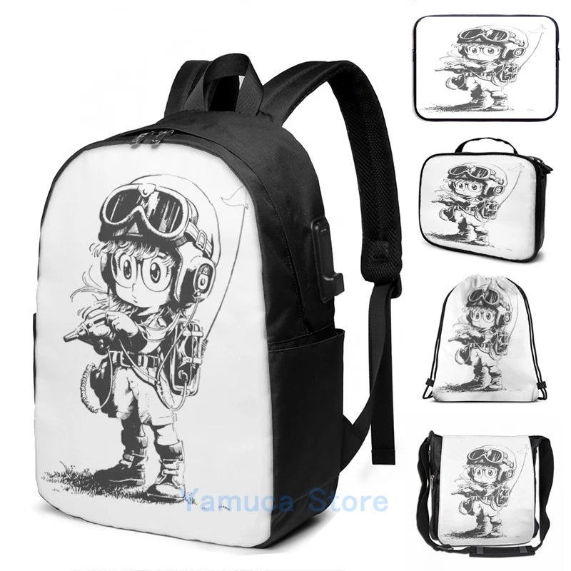 Arale USB Charge Backpack Funny Graphic Print Men Women School Travel Laptop Bag