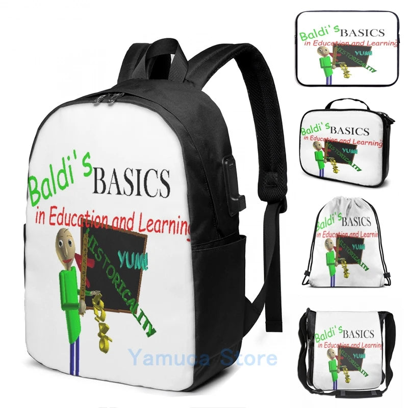 Funny Baldis Basics USB Charge Backpack School Travel Bag