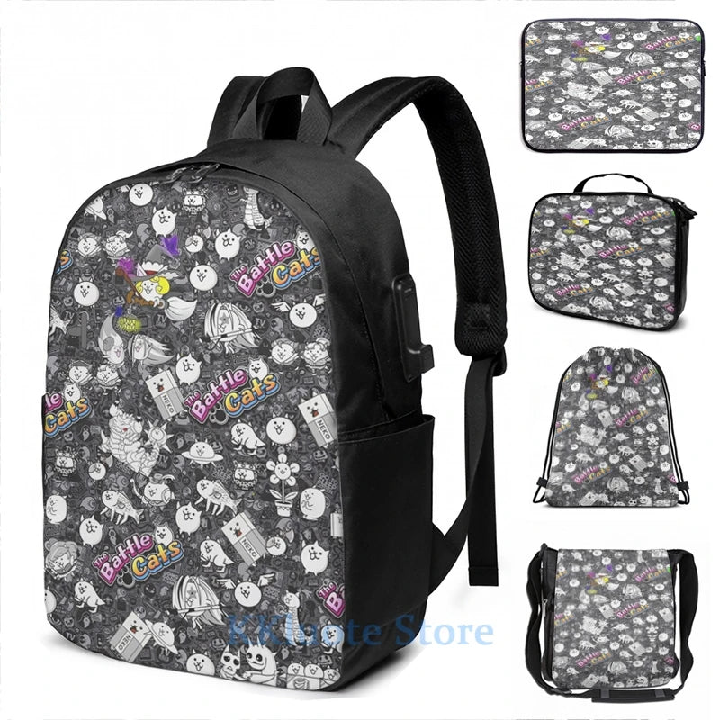 Funny Graphic print Battle Cats USB Charge Backpack School Travel laptop bag