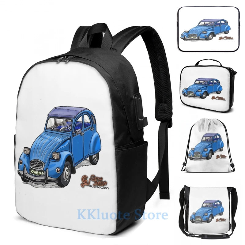 2CV USB Charge Backpack Funny Graphic Print School Bag