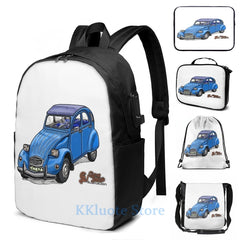 2CV USB Charge Backpack Funny Graphic Print School Bag