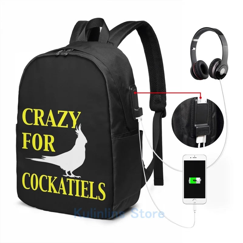 Crazy For Cockatiels USB Charge Backpack Men Women Travel Laptop Bag