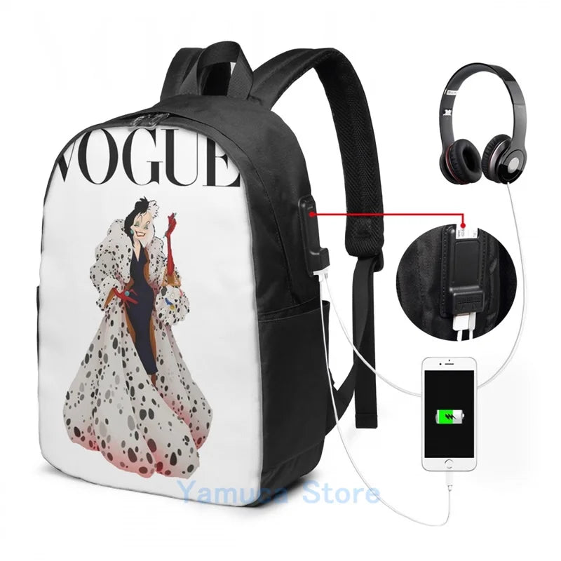 Graphic Print Cruella USB Charge Backpack Men Women Bag Travel Laptop Bag