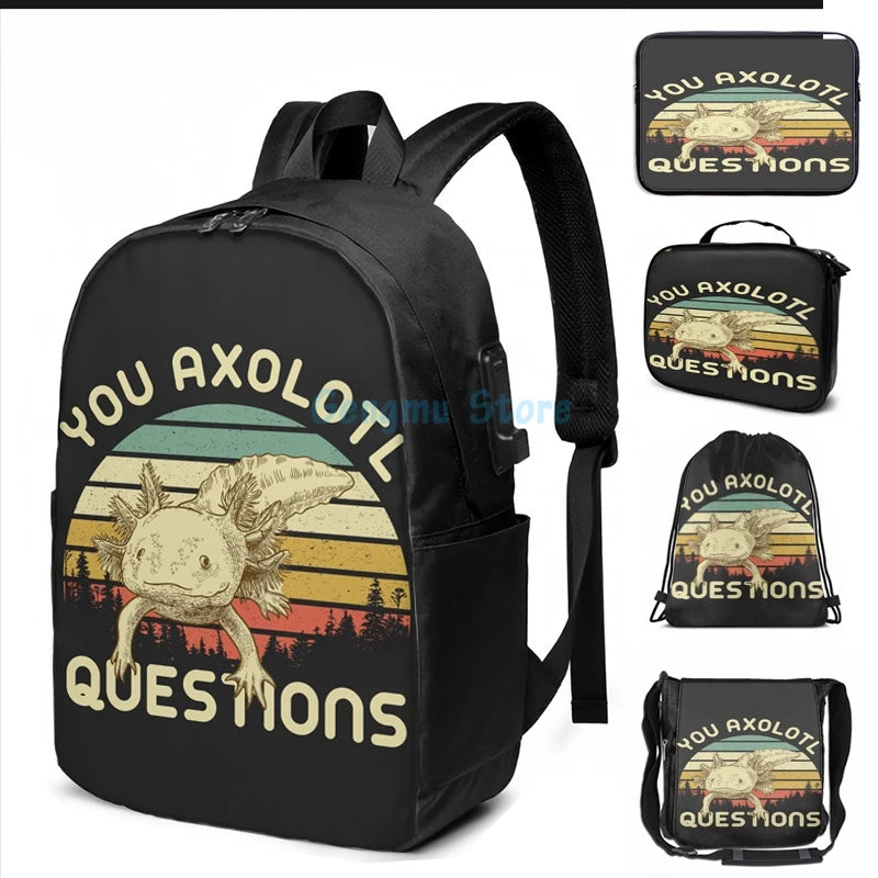 Funny Axolotl USB Charge Backpack Men Women School Travel Laptop Bag