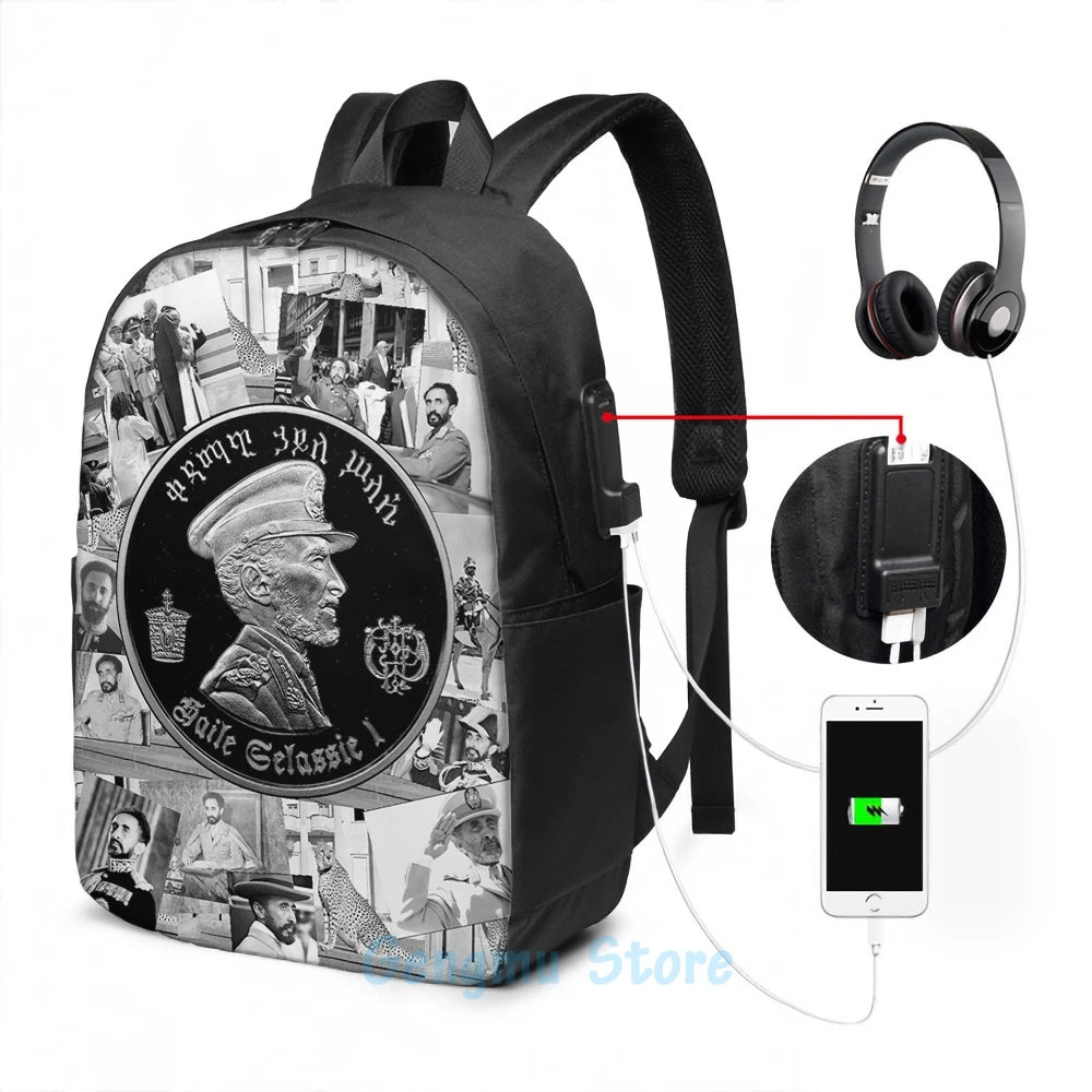 Haile Selassie Rastafari USB Charge Backpack School Bags