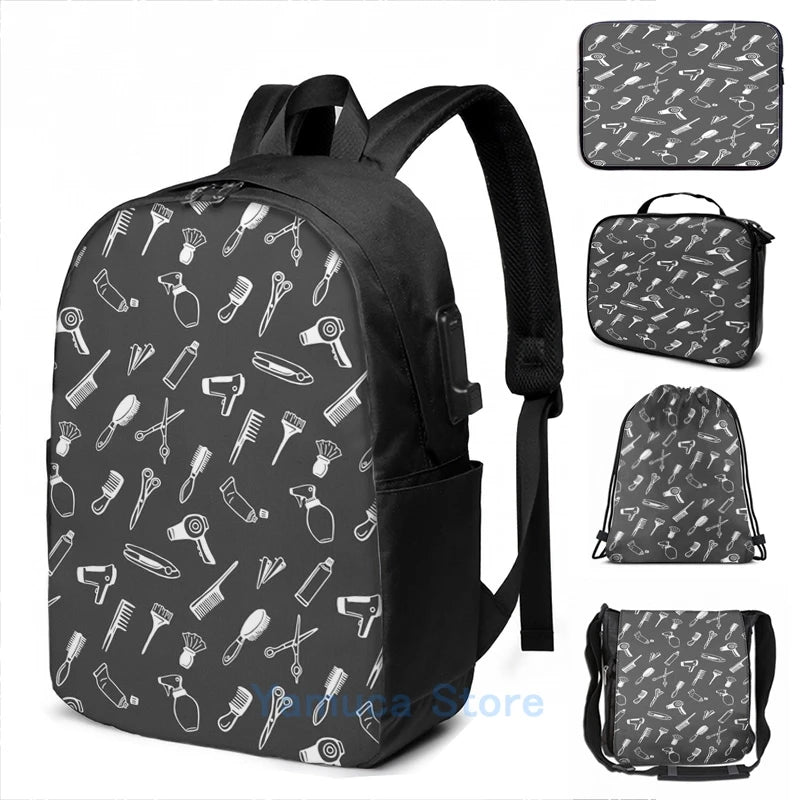 Funny Hairdresser Theme USB Backpack School Travel Bag