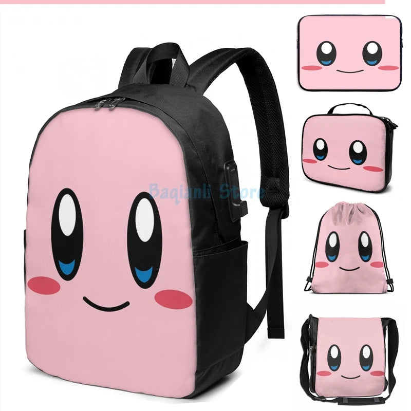 Kirbys Face USB Charge Backpack Men Women Travel Laptop Bag