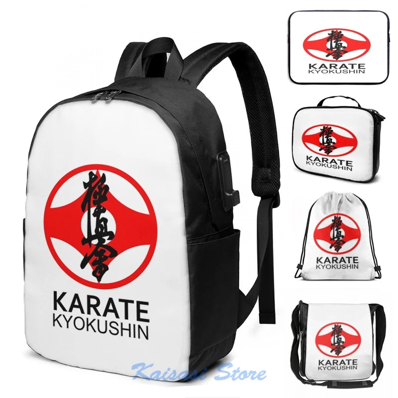 Kyokushin Karate Kanji Symbol USB Charge Backpack Men Women Travel Laptop Bag