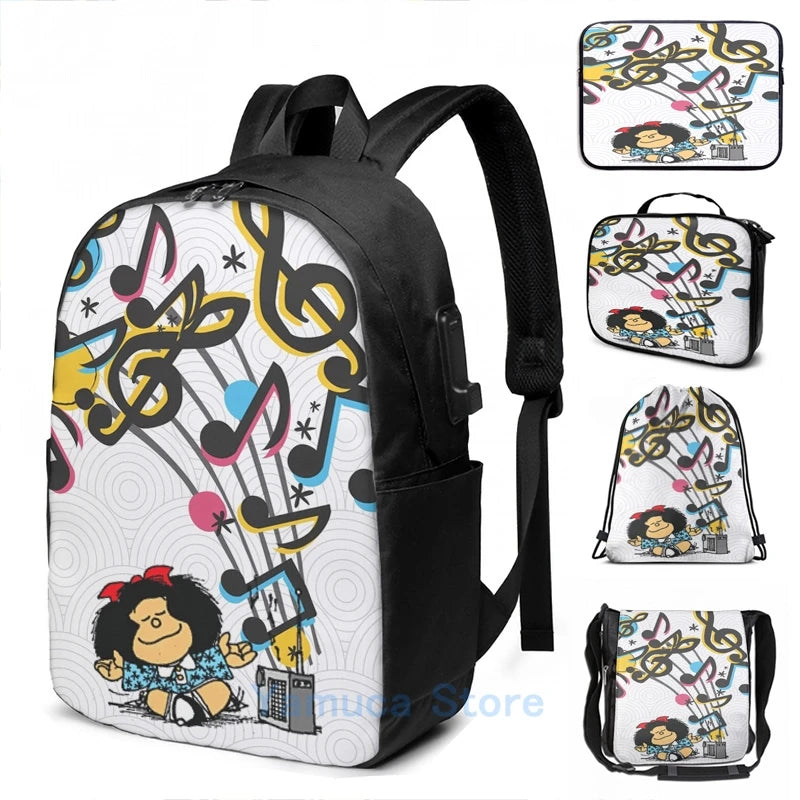 Mafalda Music Vintage USB Charge Backpack Men Women School Bag Travel Laptop Bag