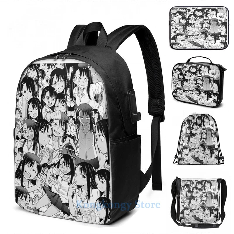 Nagatoro Graphic Print USB Charge Backpack School Travel Laptop Bag