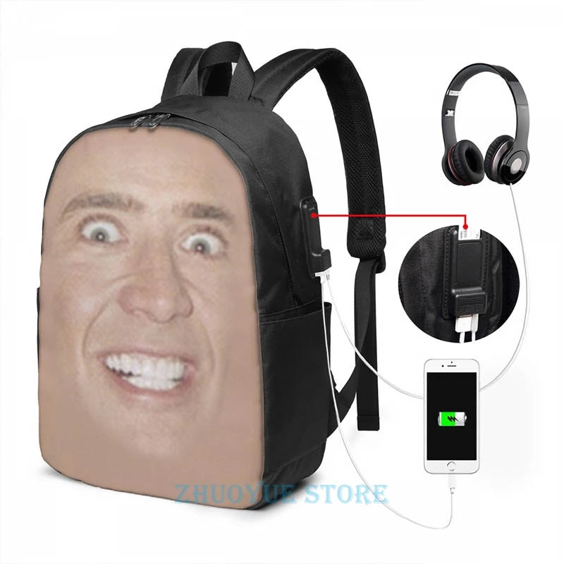 Funny Nicholas Cage Face Pattern USB Charge Backpack Men Women Travel Laptop Bag