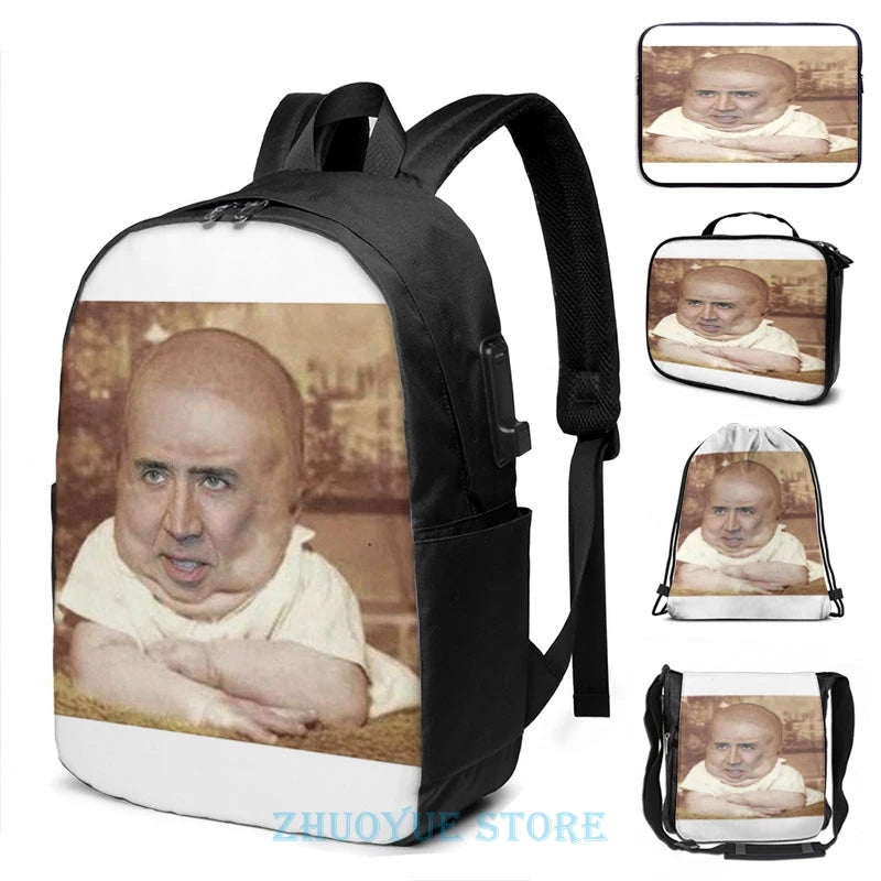 Funny Nicolas Cage Baby USB Charge Backpack School Travel Laptop Bag