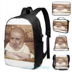 Funny Nicolas Cage Baby USB Charge Backpack School Travel Laptop Bag