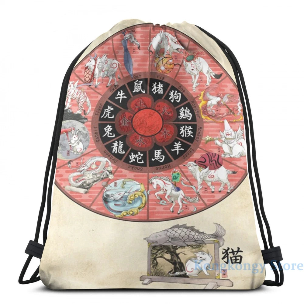 Okami Zodiac Wheel USB Charge Backpack School Travel Laptop Bag