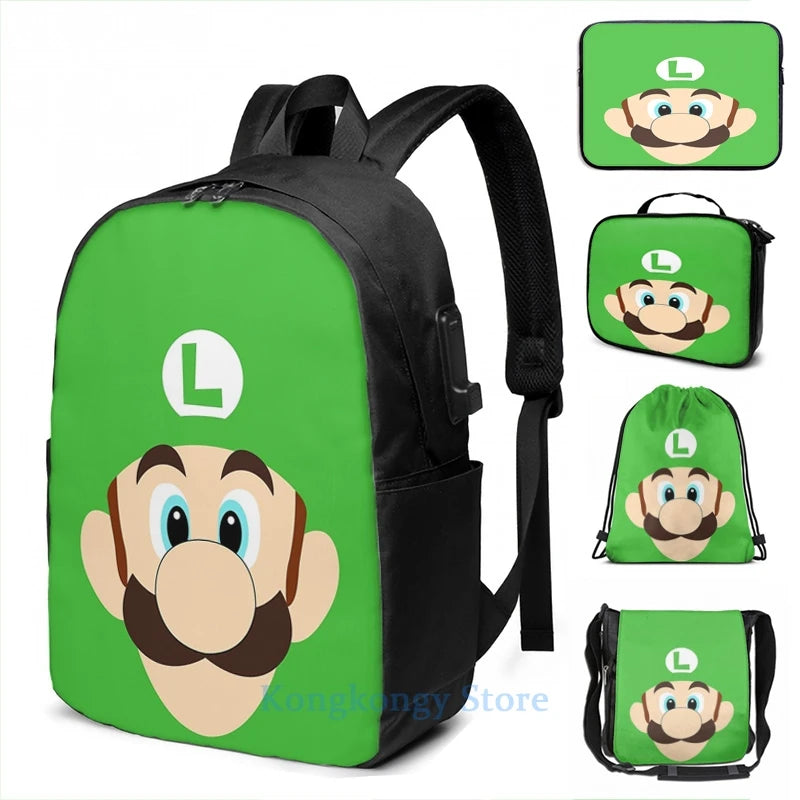Luigi USB Charge Backpack Men Women Travel Laptop Bag