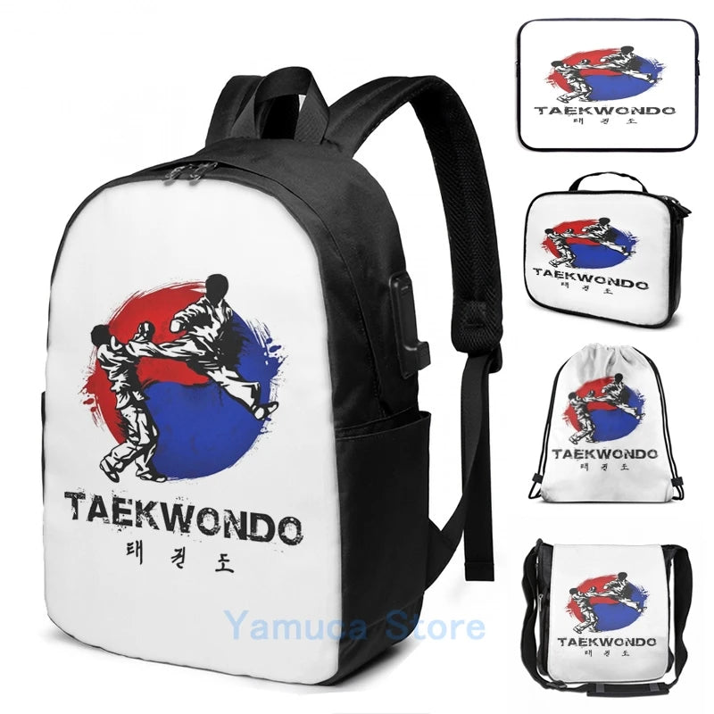 Funny Graphic print Taekwondo USB Charge Backpack men School bags Women bag