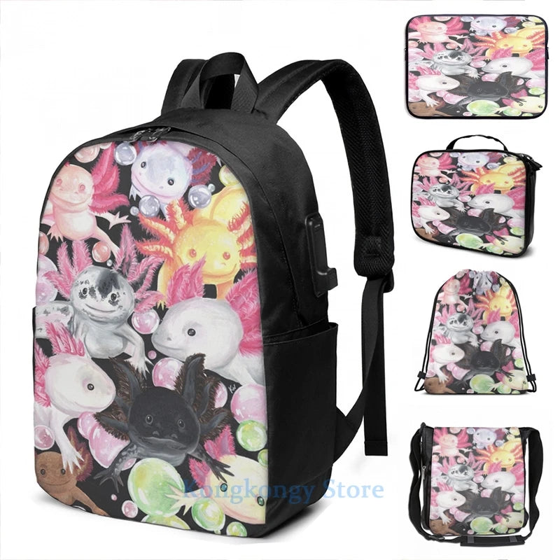 Funny Axolotls USB Charge Backpack men School bags Women bag Travel laptop