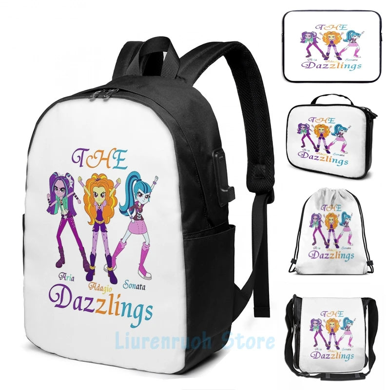 Funny Graphic Dazzlings USB Charge Backpack Men School Travel Laptop Bag