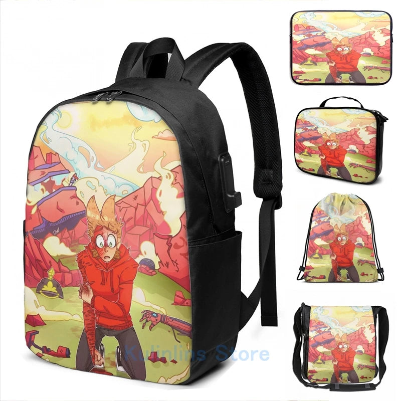 Eddsworld Tord USB Charge Backpack Funny Graphic Print School Travel Laptop Bag