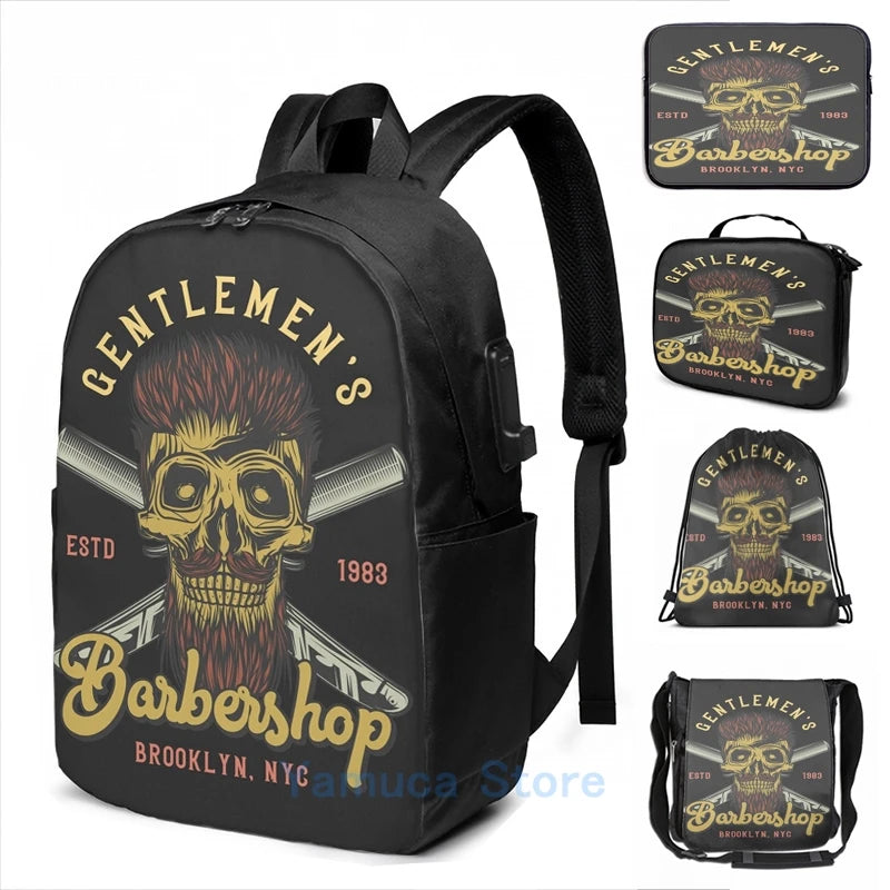 Barber Shop USB Charge Backpack Men Women Travel Laptop Bag