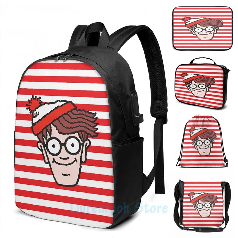 Where's Waldo Face USB Charge Backpack School Bag