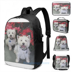 Funny Westie Christmas USB Charge Backpack School Travel Laptop Bag