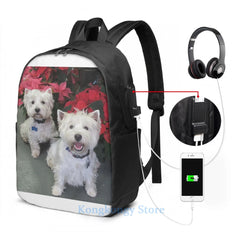 Funny Westie Christmas USB Charge Backpack School Travel Laptop Bag