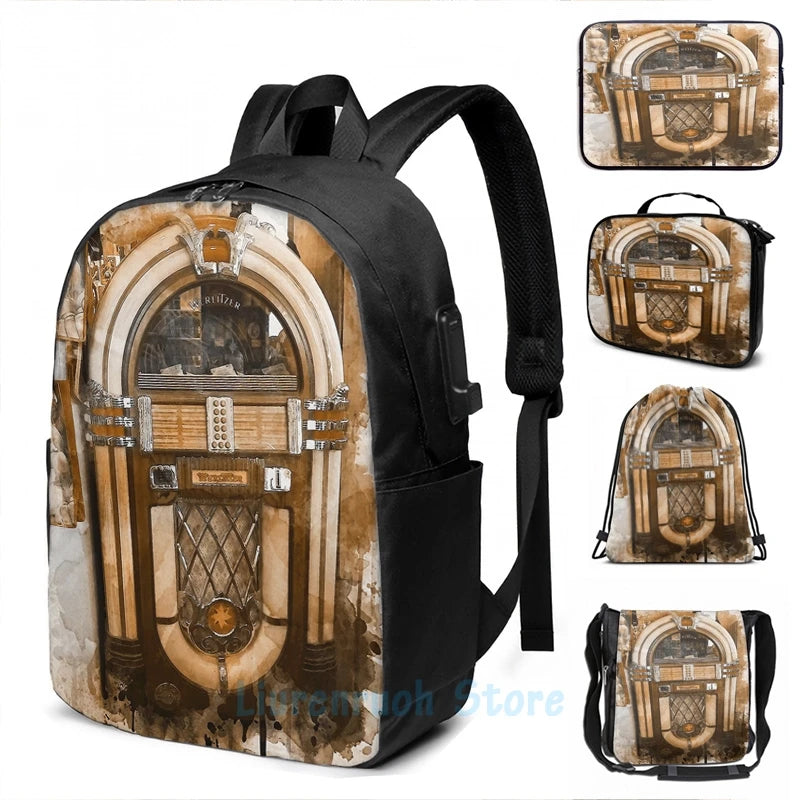 Wurlitzer Jukebox Watercolor USB Backpack School Travel Bag