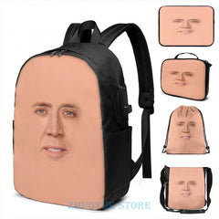 Nicolas Cage Face USB Charge Backpack Men Women Travel Laptop Bag