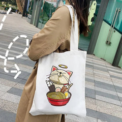 Japanese Lucky Cat Eating Ramen Canvas Shoulder Handbag