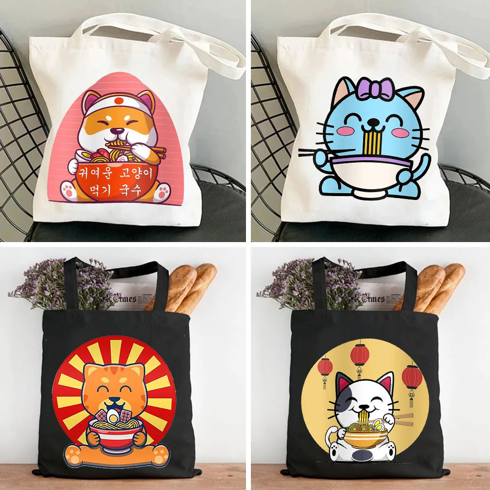 Japanese Lucky Cat Eating Ramen Canvas Shoulder Handbag