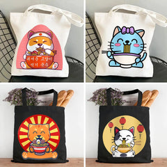 Japanese Lucky Cat Eating Ramen Canvas Shoulder Handbag