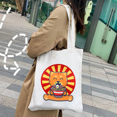 Japanese Lucky Cat Eating Ramen Canvas Shoulder Handbag