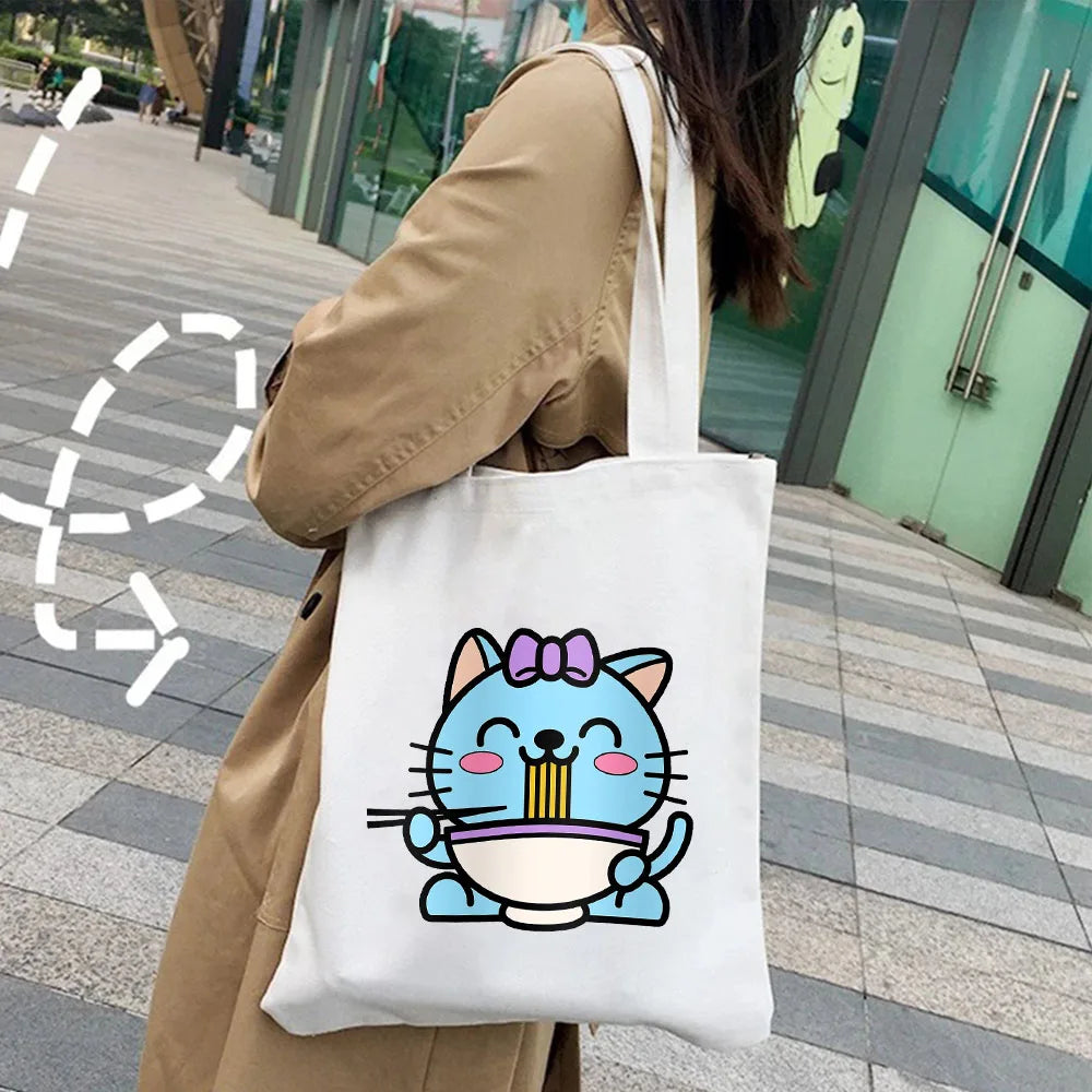 Japanese Lucky Cat Eating Ramen Canvas Shoulder Handbag